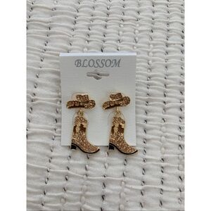 Western Cowboy Boot & Hat Rhinestone Drop Earrings Gold Cowgirl Glam Statement N